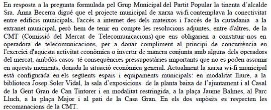 Resposta de l'Ajuntament de Gavà al prec presentat pel PPC de Gav sollicitant WI-FI gratut a ms punts de Gav (29 de Gener de 2009)